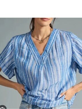 PILCRO x ANTHROPOLOGIE Linen Henley Surf Shirt Blue Stripe Pattern Size medium